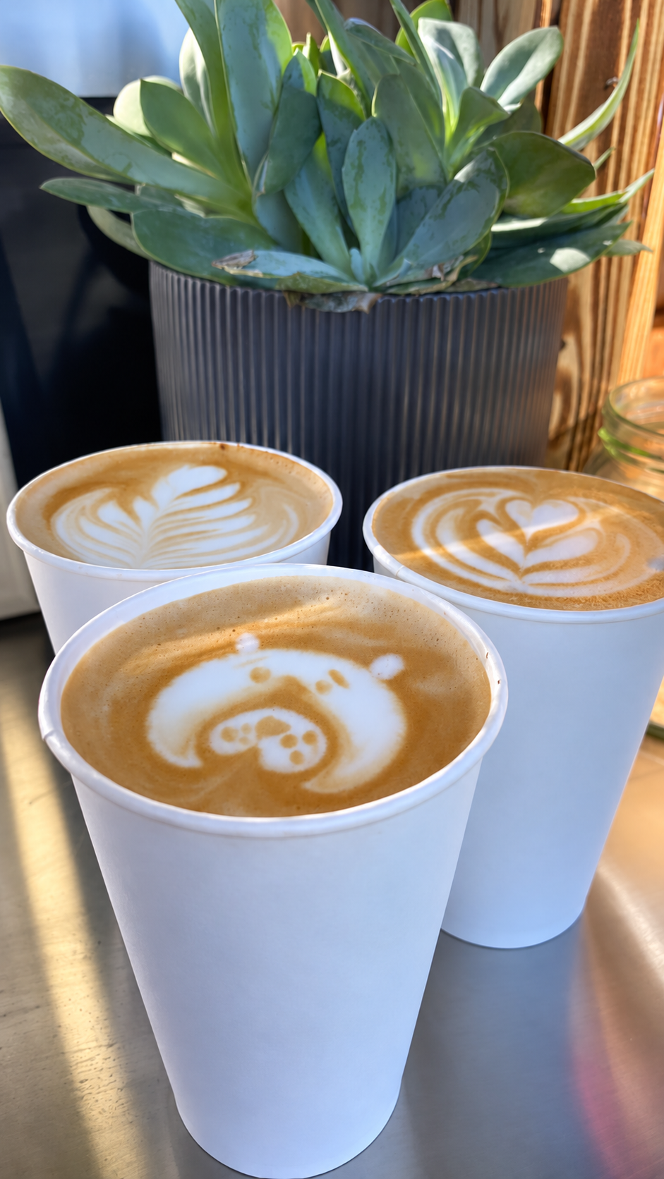 Drei frisch zubereitete Kaffees mit Latte Art